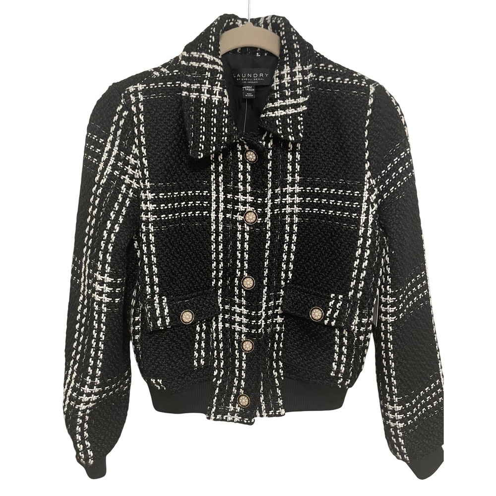 Laundry by Shelli Segal Bomber Jacket NWT Black White Tweed XS Pearl Buttons